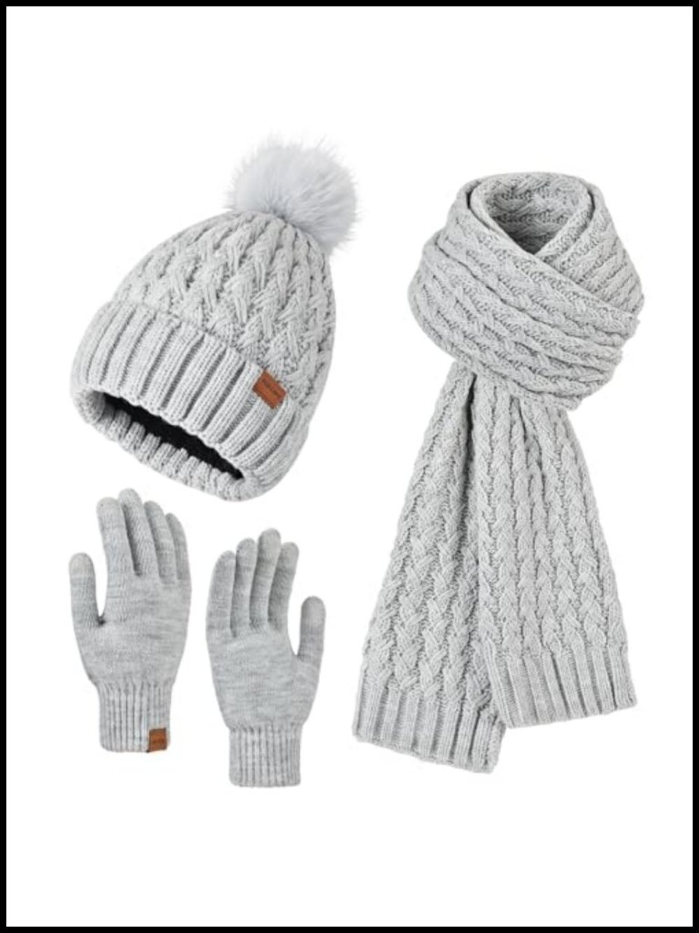 Womens Acrylic Winter Beanie Long Scarf Touchscreen Gloves 3-Piece Set Fleece
